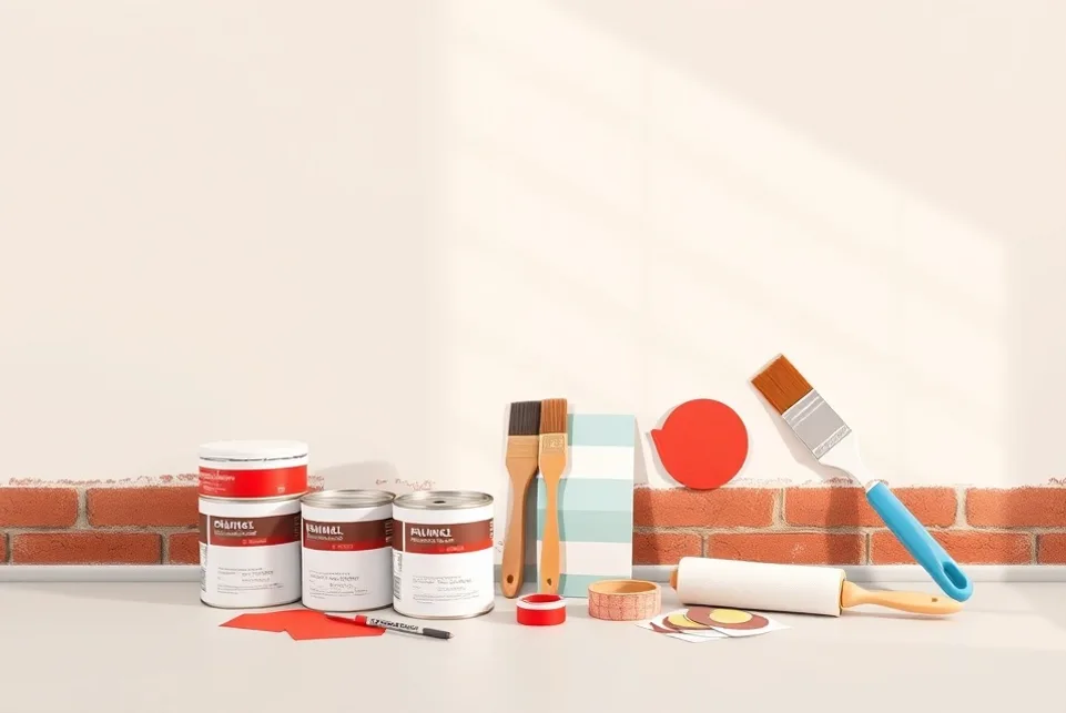 Pots de peinture, nuancier, brosses et rouleaux disposés à plat