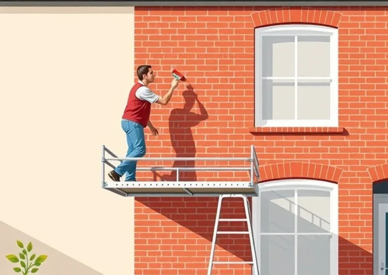 Peintre sur échafaudage traitant la façade d'une maison